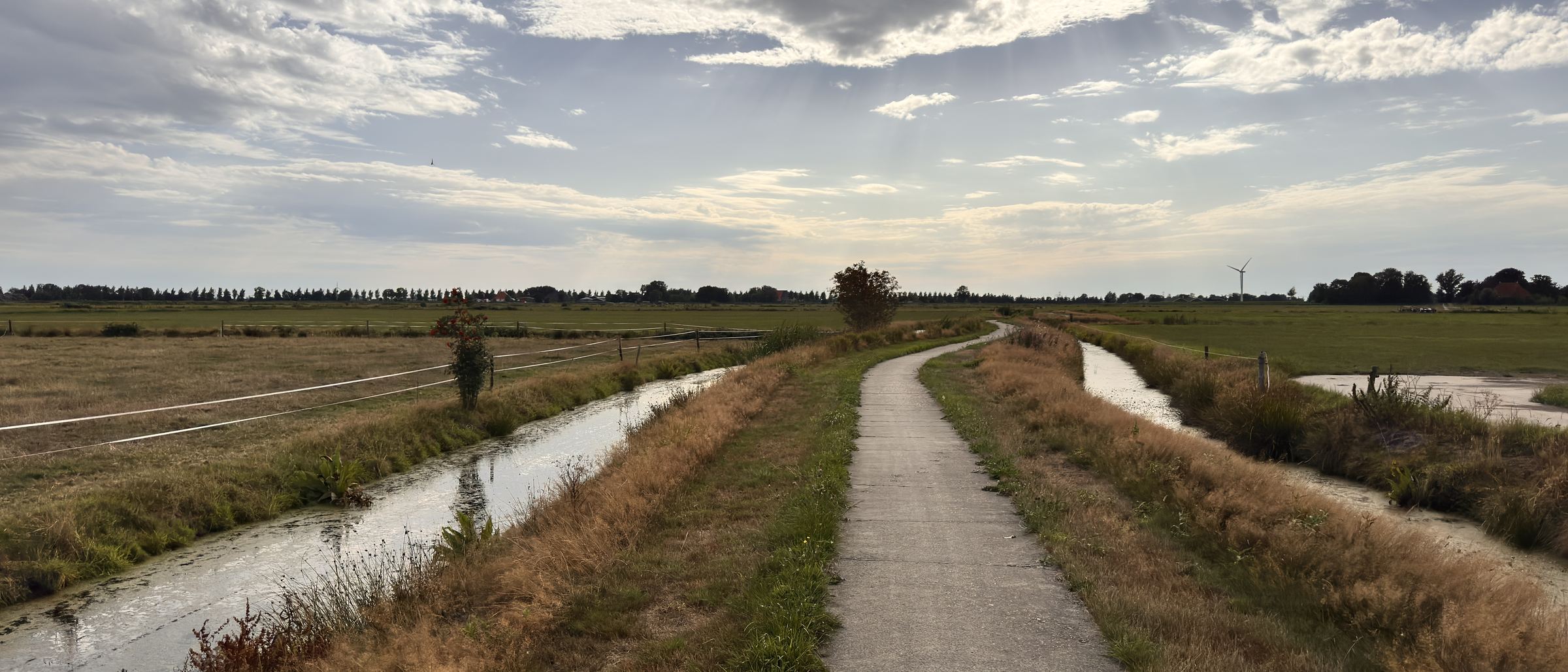 Een pad tussen twee sloten in het Friese veenweidegebied, met een brede wolkenlucht